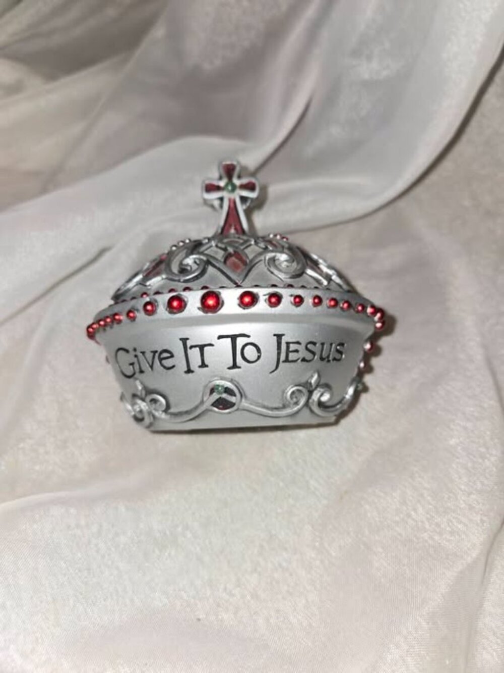 VTG "Give it To Jesus" Trinket Box Resin Silver-Toned w/Red Accents - Picture 3 of 3